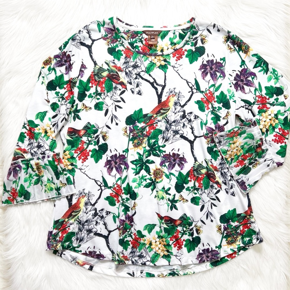 SOLD-Multiples White Floral Bird Print Top - Picture 7 of 9